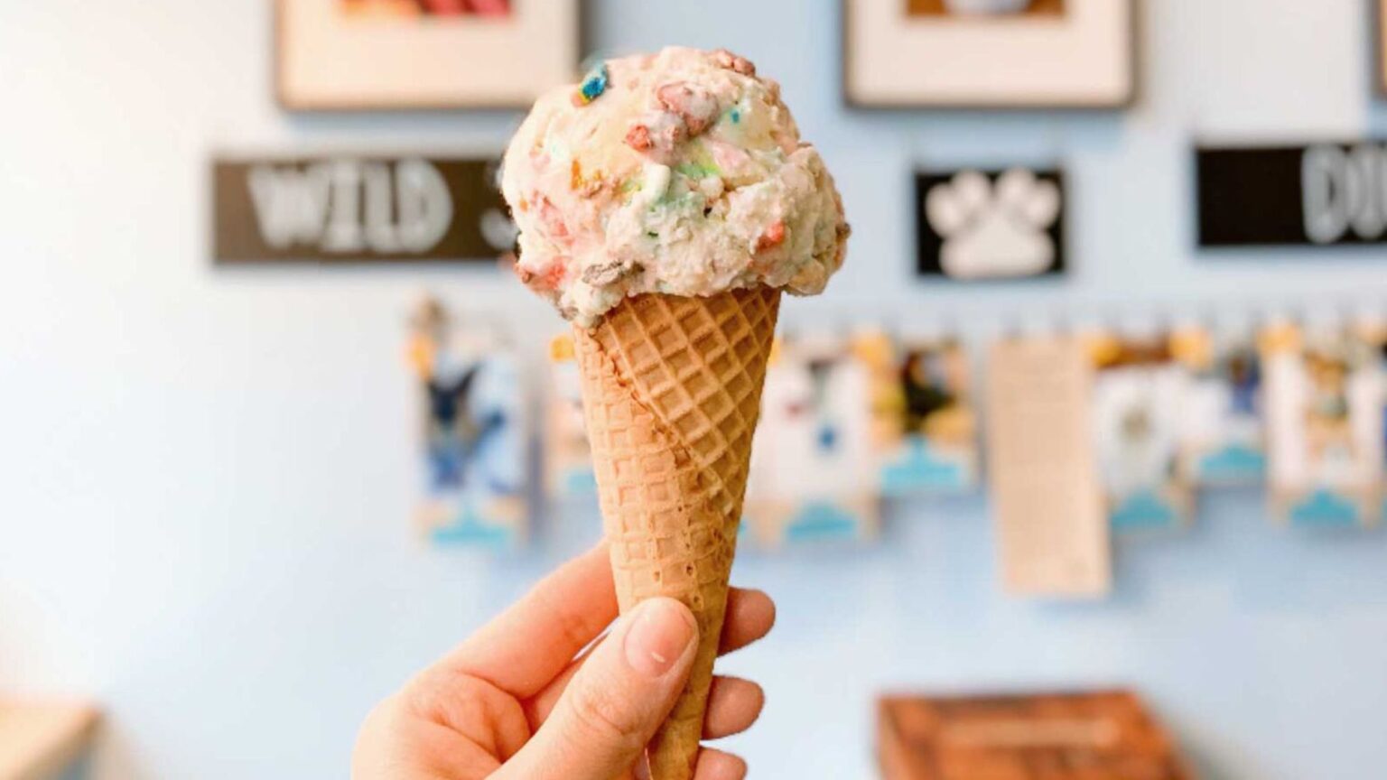 A person holding a cone ice cream in an ice cream shop